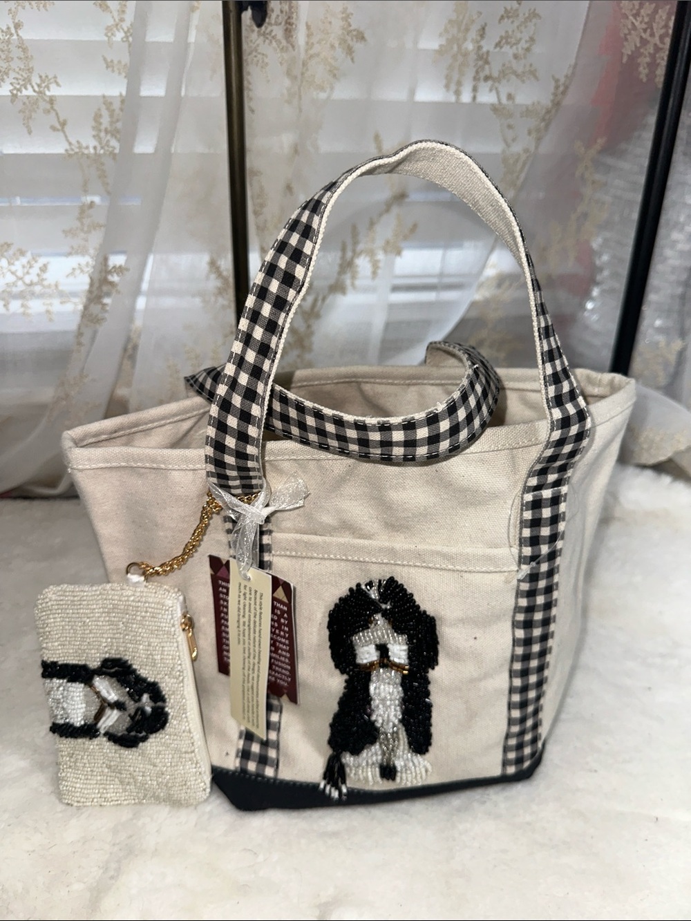 Made in India beaded black dog mini canvas tote bag